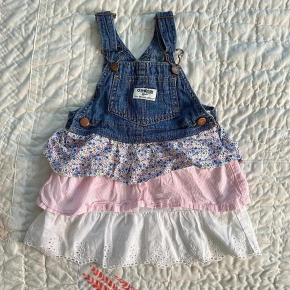 Oshkosh B'Gosh Girl's Tiered Ruffle Overall Dress Vestback Size 24 Months - Picture 1 of 6